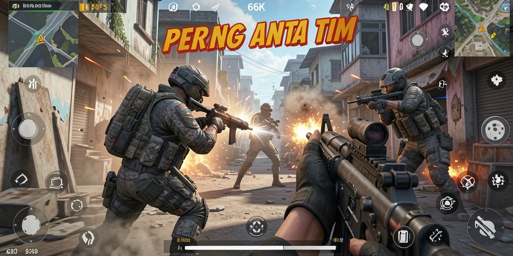 Screenshot gameplay 66K dengan aksi tembak-menembak yang mendebarkan.