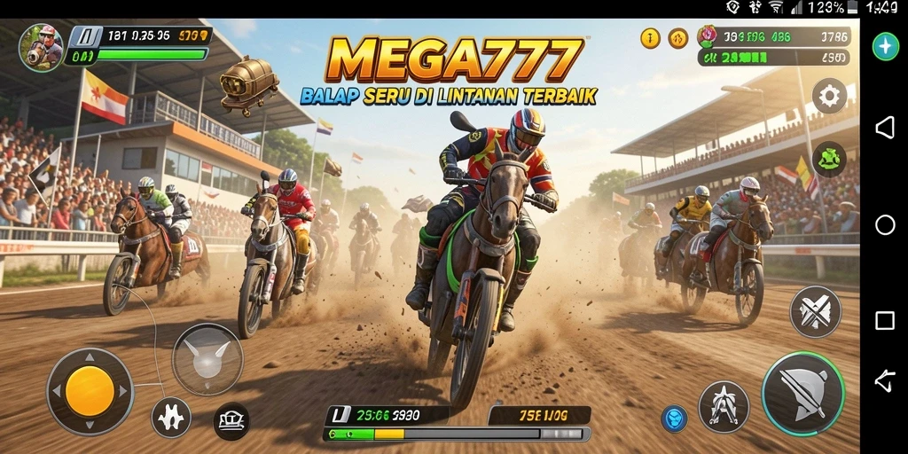Tampilkan gameplay seru game balap MEGA777 dengan mobil yang mendebarkan.